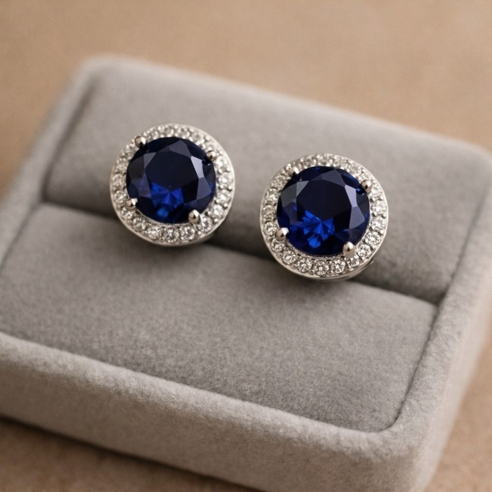 Blue Sapphire CZ Halo Stud Earrings 1.76 TW 6 mm Studs Post Back NWT #465